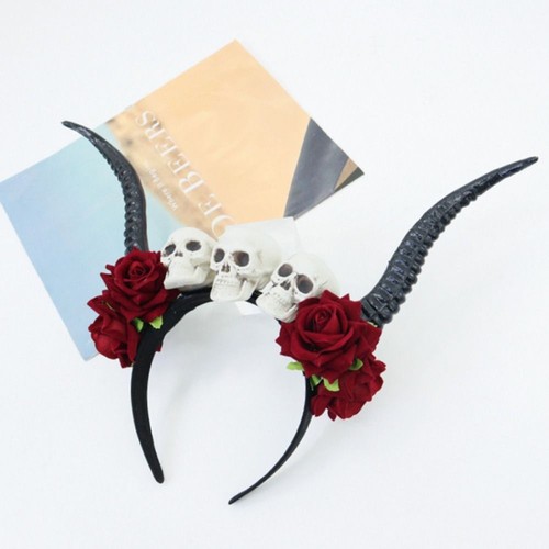 Skull Sheep Horn Hairband Gothic Style Red Rose Headband Festival Wear - Picture 3 of 14