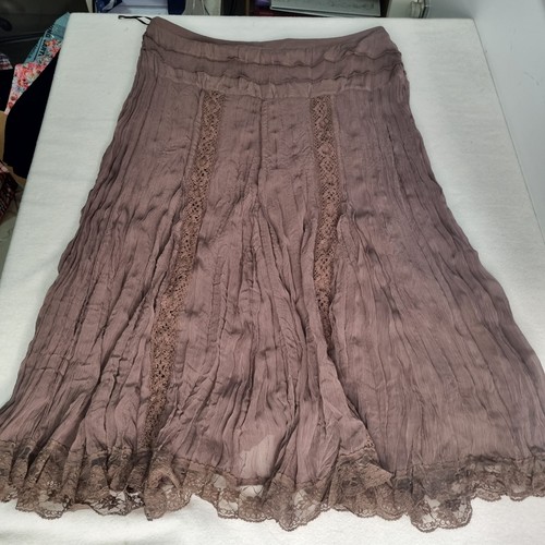 Vintage Y2K Midi Skirt Size 16 XL By SUZANNE GRAE Brown Crinkle Lace Trim In EUC - Picture 6 of 7