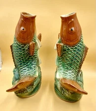 Pair Vintage Japanese Porcelain Koi Open Mouth Fish Vases… Heavy