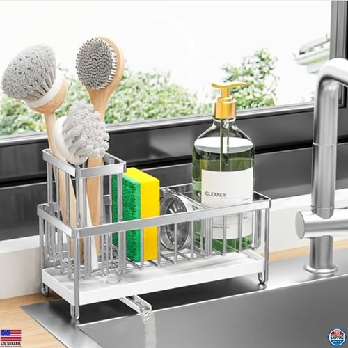 Porta Spugna Argento Lavello Caddy Organizer, Acciaio Inox Antiruggine, Sapone - Foto 1 di 5