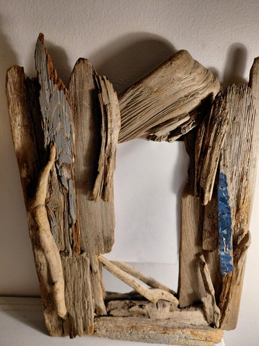 Handcrafted Rustic Driftwood Wall Mirror, Weathered Gray with Various Blue Trim - Picture 1 of 9