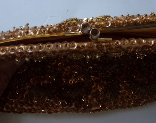 Vintage 50s 60s Gold Sequin Beaded Evening Bag Purse Clutch Hand Made Hong Kong - Picture 6 of 6