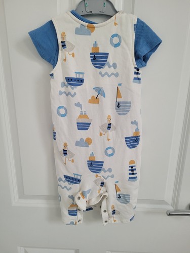 New Marks and Spencer M&S 2pc Blue White Cotton Rich AOP Boat Print Outfit Set - Picture 3 of 4