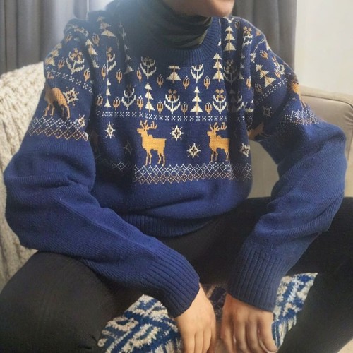 Vintage Hanukkah Sweater Blue Menorah Reindeer Holiday Festive Unisex Medium L - Picture 3 of 9