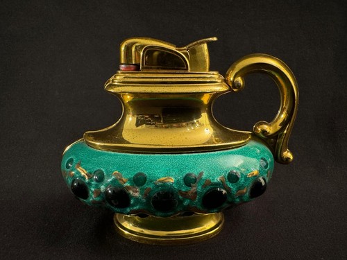 VINTAGE EVANS LAMP LIGHTER TURQUOISE GOLD ENAMEL HAND PAINTED 1950'S UNTESTED - Picture 4 of 9