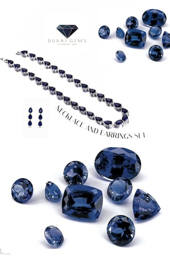 White gold finish Blue Sapphire pear cut created diamond necklace and earrings - Picture 6 of 8