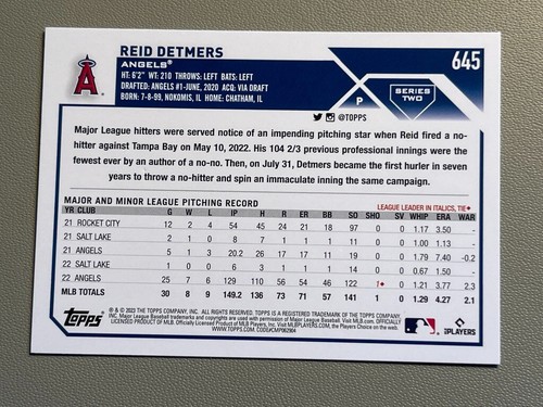 Reid Detmers 2023 Topps Serie 2 Rookie Cup 582 Montgomery Club Briefmarke #645 - Bild 2 von 2