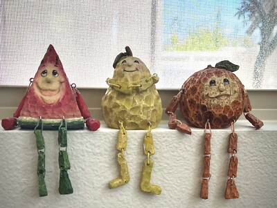Vintage Shelf Sitters Anthropomorphic Resin Figures Orange, Pear, and Watermelon