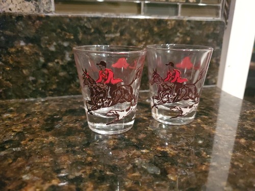 2 Hazel Atlas Shot Cordial Glasses Fox Hunt Horse Hounds 1950s Vintage - Picture 5 of 5