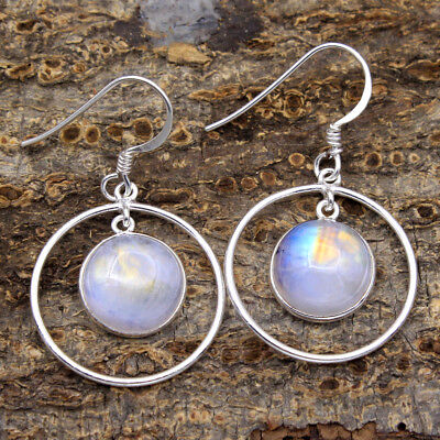 Natural Moonstone Round Dangle Earrings 925 Sterling Silver Designer Jewelry
