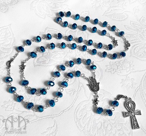 Blue Crystal MOON STAR NECKLACE & EARRINGS SET Long Rosary Silver Ankh Pendant - Picture 6 of 6