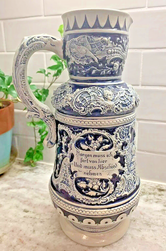 VTG Water/Wine/Beer Pitcher 2 Liter 12" H Jacob Thewalt Blue Pottery Germany 60s - Picture 2 of 12
