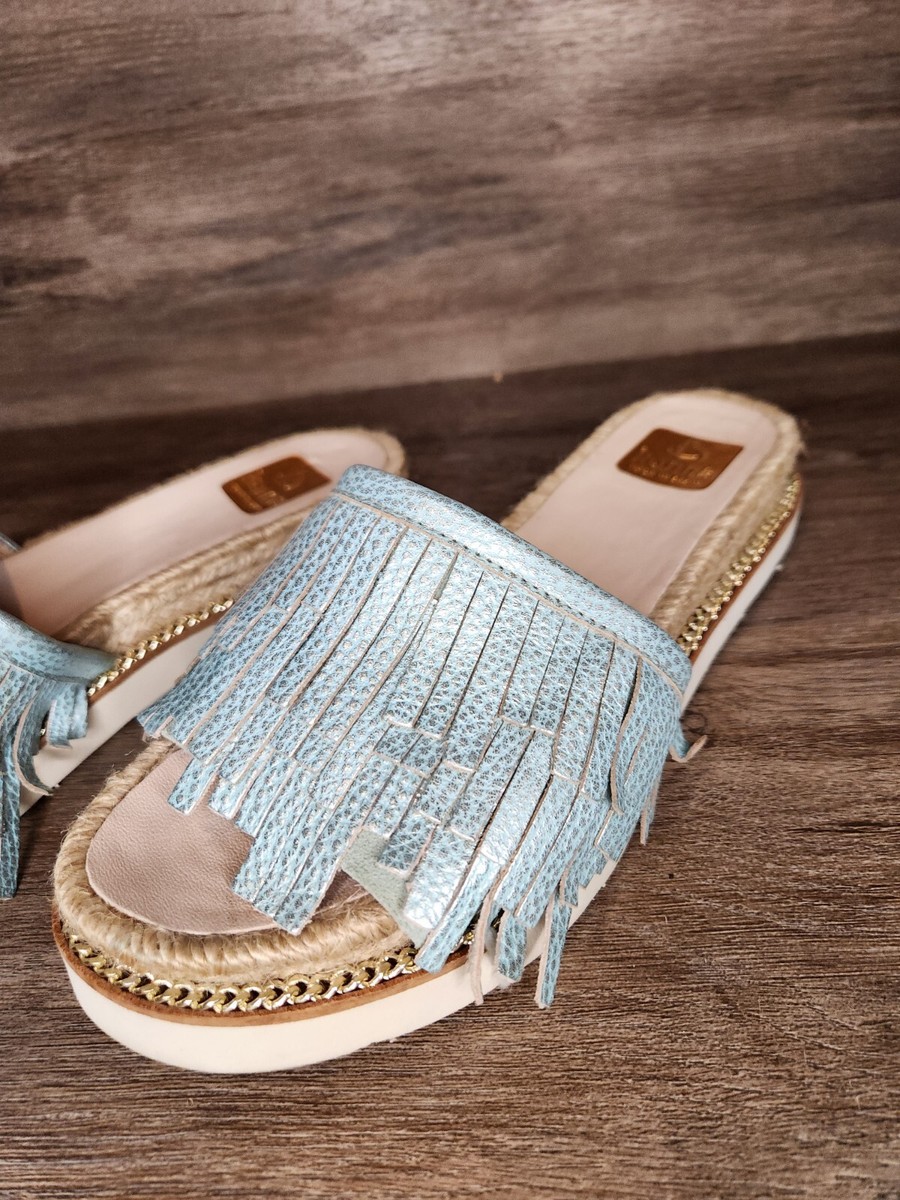 Kanna Sandals Pale Blue Leather Fringe Shoes size 38 us size 7 BVK31