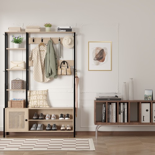Hall Tree 5-in-1 Coat Rack w/Bench Shoe Storage 2Tier Storage Shelf for Entryway - Picture 4 of 16