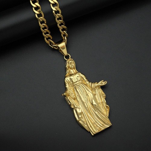 Men's Stainless-Steel Gold-Plated Virgin Mary Pendant Necklace Jewelry Wholesale - Picture 5 of 7