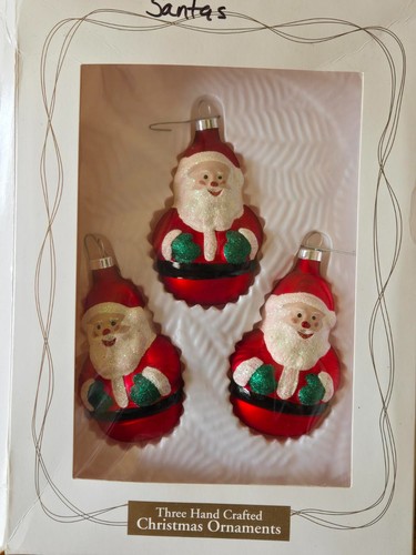 Santa Claus Glass Ornaments Set Of 3 Red With Green And White Glitter 3”