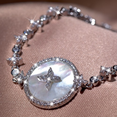 18k white gold gp round mother of pearl simulated diamond cross chain bracelet - Picture 4 of 6