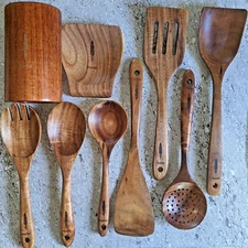 Montuk 9 Pcs Natural Teak Wood Cooking Utensils Set For Kitchen, Spoon set.