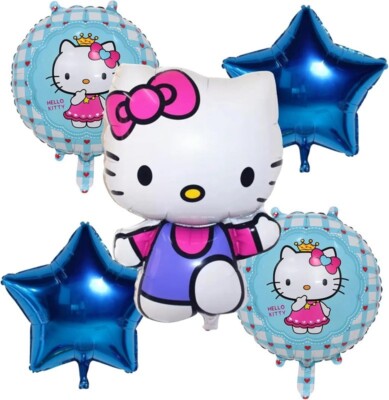 Hello Kitty Blue Themed Balloon Bouquet Set of 5 Girls Kids Party Decorations