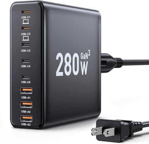 280W USB C Charger Block, 8-Port USB C Charging Station GaN III PD 65W Laptop,, - Picture 1 of 12