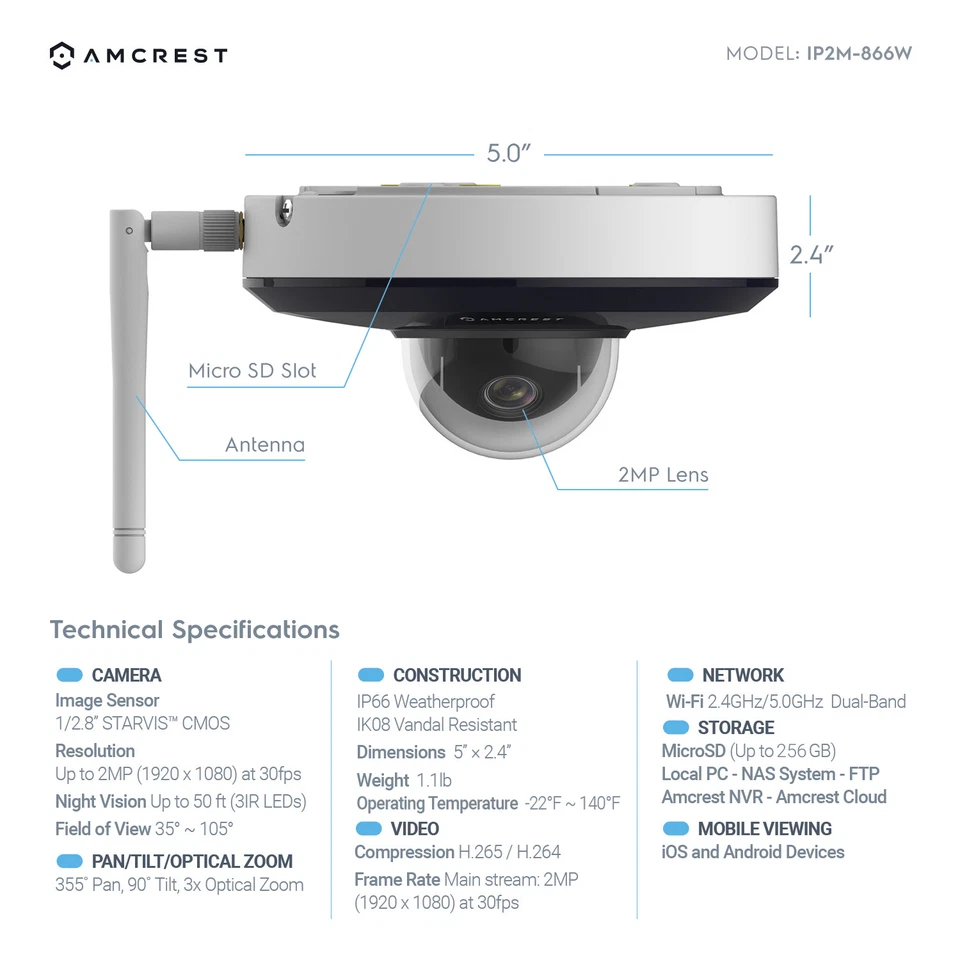 Amcrest ProHD Pan/Tilt/ZoomOutdoor Wi-Fi Vandal Dome Security IP Camera Warranty - Image 3 of 4