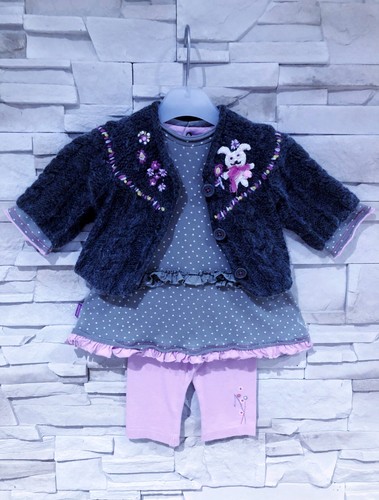CATIMINI ventes exceptionnelles - ENSEMBLE 3P BÉBÉ FILLE VOLANTS, BRODERIES FLEURS & LAPINS 6M