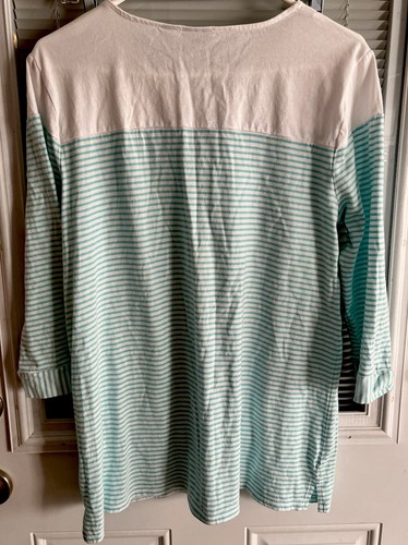 Chicos Top White Lace Up Neck Turquoise Stripe Sz 2 (L) EUC EXCELLENT 3/4 Sleeve - Picture 5 of 5
