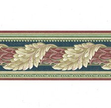 Architectural Acanthus Leaf Scroll Burgundy Blue Gold Crackled Wallpaper Border