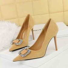 Decolte Scarpe 10 cm Beige Camoscio Tacco Spillo Eleganti Pelle Sintetica 08056