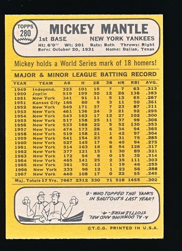 1968 Topps MICKEY MANTLE #280 NM - Bild 3 von 3