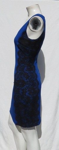 GUESS S 6 Cobalt Blue Stretch Knit Black Lace Sheath Dress Scoop Neck Gold Zip - Picture 6 of 7