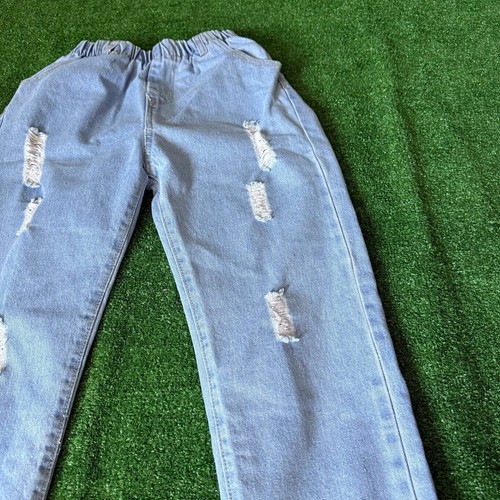Elastic Waist & Cuff Relaxed Fit Pull-Up Ripped Crop Jeans Trendy Pants Size S - Picture 6 of 13