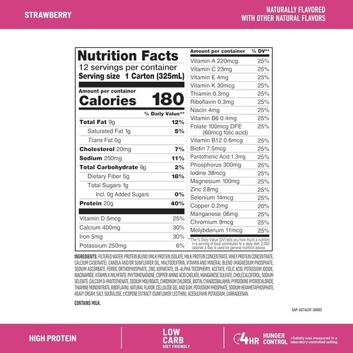 12 Count-SlimFast Protein Shake, Strawberry- 20g Protein - 11 Fl OZ Ea Exp 8/25+ - Picture 2 of 5