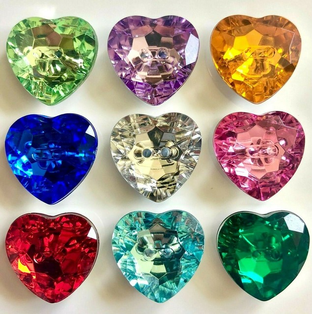 6 Heart Buttons Sparkly Acrylic Crystal 3 Sizes Many Colours Silver Backed 6 Heart Buttons Sparkly Acrylic Crystal 3 Sizes Many Colours Silver Backed