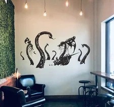 Pirate Ships attacked by Kraken Wall Decal Sticker. Beach Nautical Theme Decor.