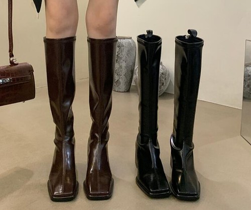 Womens Fashion Winter Square Toe Stretchy Knee Boots Block Mid Heels Sexy Shoes - Bild 1 von 14