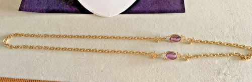 GOLD TONED CHAIN WITH PURPLE/BLUE FAUX STONES . FAIR CONDITION. PRE-OWNED