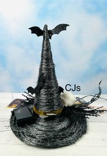 Halloween Glittery Silver And Black Witch Hat With Skull And Bats Light Up Decor