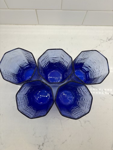 5-Libbey Facets Conalt Blue Cooler Glasses Octagon Texture Drink Tumbler 6 1/8” - Picture 7 of 10
