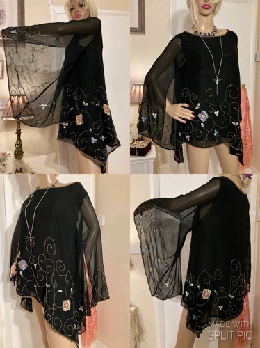 Vintage Y2K Deco Beaded Bell Sleeve Whimsy Goth Dark Angel Fairy Boho Tunic Top - Picture 3 of 24