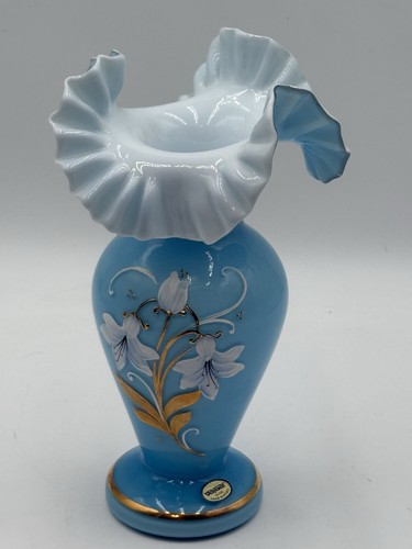 Bohemian Glass Vase Hand Painted Ruffled Rim Hand Blown, Flowers 9.75” - Picture 4 of 9