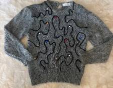 Shannan Vintage 80-90’ Fuzzy Mohair Rhinestone Glam Sweater Grey Size Large