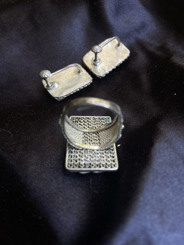 Chinese Asian Panel Scrimshaw Carved Silver Metal Filigree SET Ring Bracelet Pin - Picture 13 of 15