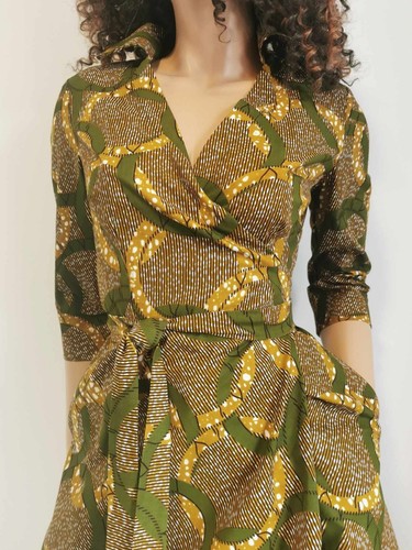 African print, unlined, mid calf, half sleeve, collered tie wrap dress - Picture 5 of 5