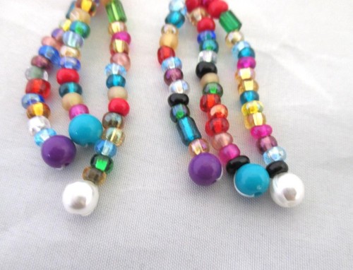 3" Drop Dangle Bead Earrings Multi Color Beads Gold Accents Scrap Ditty - Picture 3 of 3