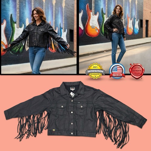 Wrangler Fender Guitar Fringe Trucker Jacket WOMENS XS Oversized Black Denim NWT