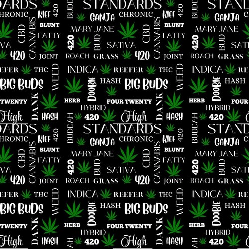 Green Harvest•Cannabis Verbage, Words Fabric•1yd BTY•Cott•Blk/Wh•Fast Ship! - Picture 3 of 4