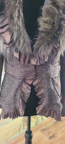 Dolce Cabo Jacket Real Fur Taffeta Trim Collar 2 Snap Brown Tweed Steampunk Sz M - Picture 5 of 16