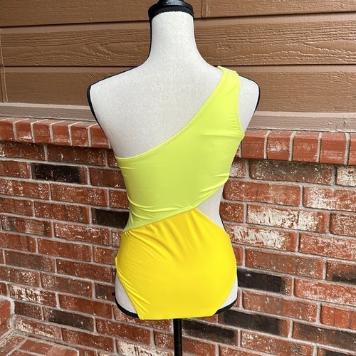 One Shoulder Yellow Colorblock Women's Small Cutout Monokini One Piece Swimsuit - Picture 3 of 5