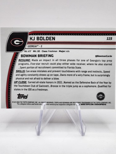 KJ Bolden Gold Shimmer 1st 2024 Bowman Chrome U Georgia Bulldogs 29/50 - Picture 6 of 6
